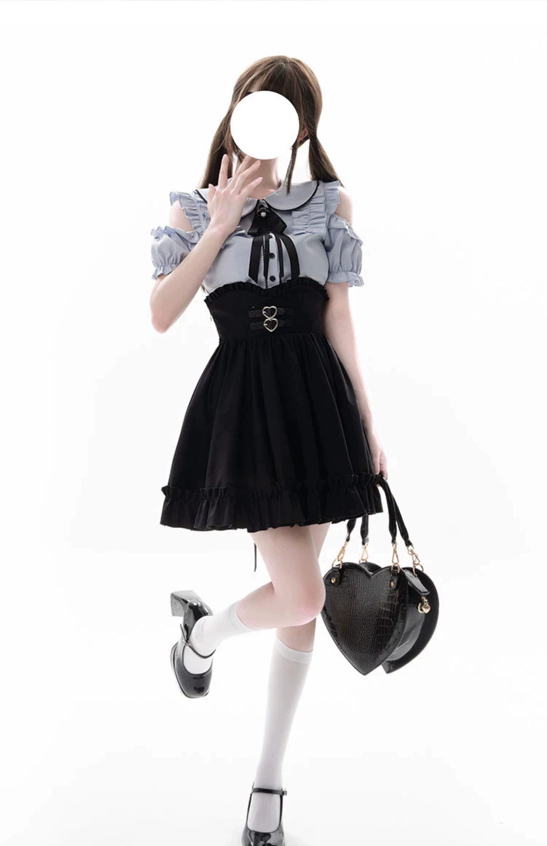 Jirai Kei Blue Open Shoulder Blouse, Flounce Hem Skirt 21966:350980