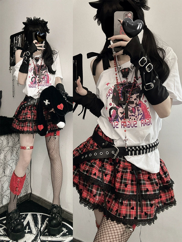 Y2K Outfits Skirt Set Open Shoulder Short Sleeve Shirt 36122:513382