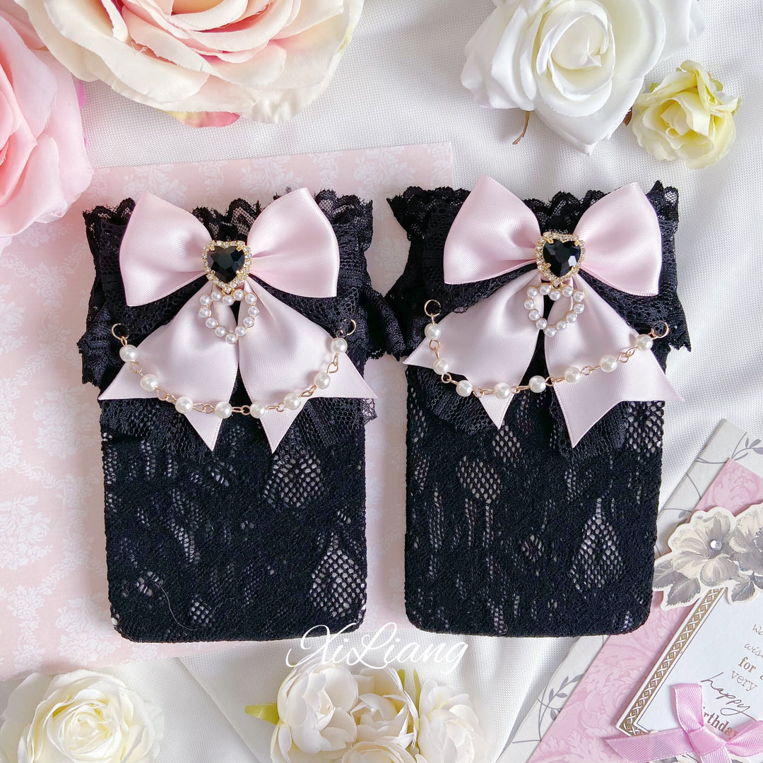 Jirai Kei Socks With Pearl Chain And Sweetheart Rhinestone Detail 28904:326730