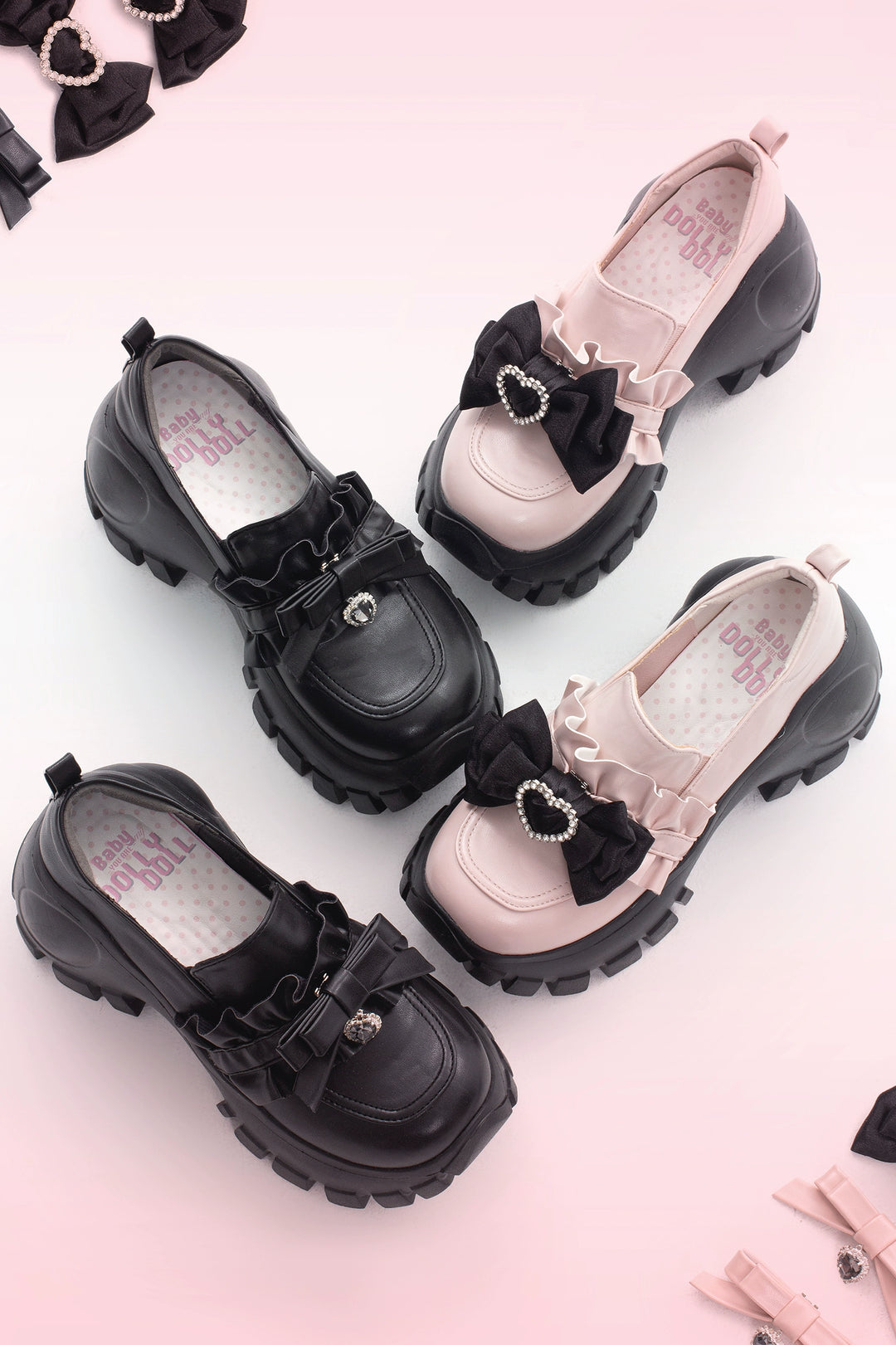 JK Uniform Pink Black Platform Shoes With Bow Ties 21892:331924