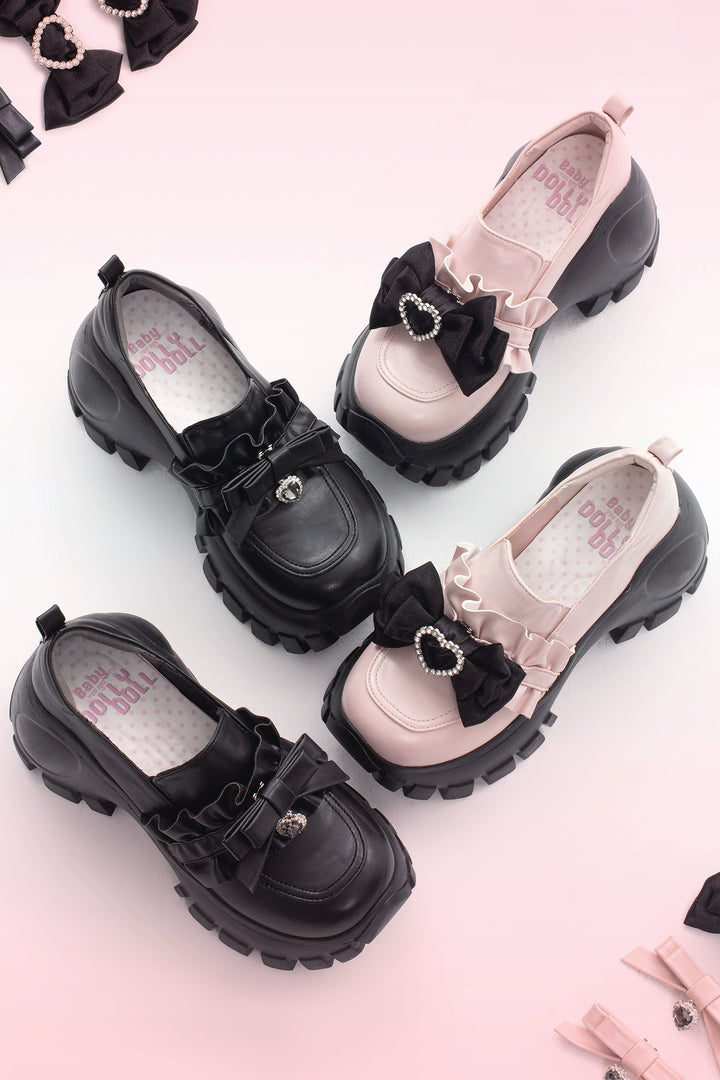 JK Uniform Pink Black Platform Shoes With Bow Ties 21892:331924
