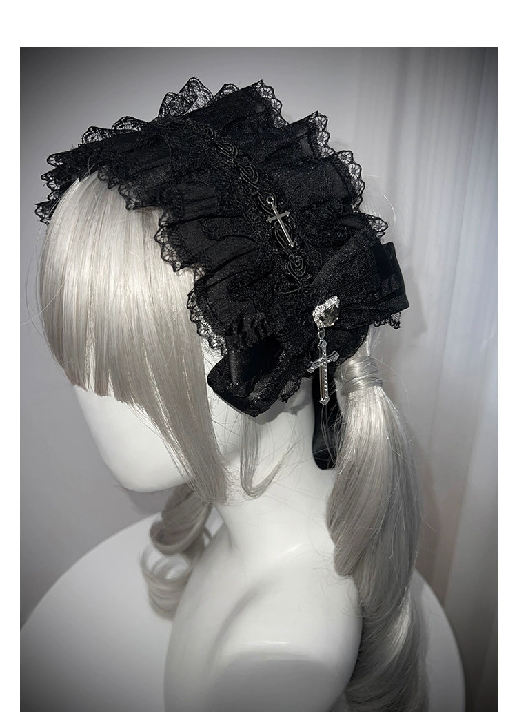 Black / White Jirai Kei Long Dress, Detachable Bow, Cross Detail (L M S) 43510:778777