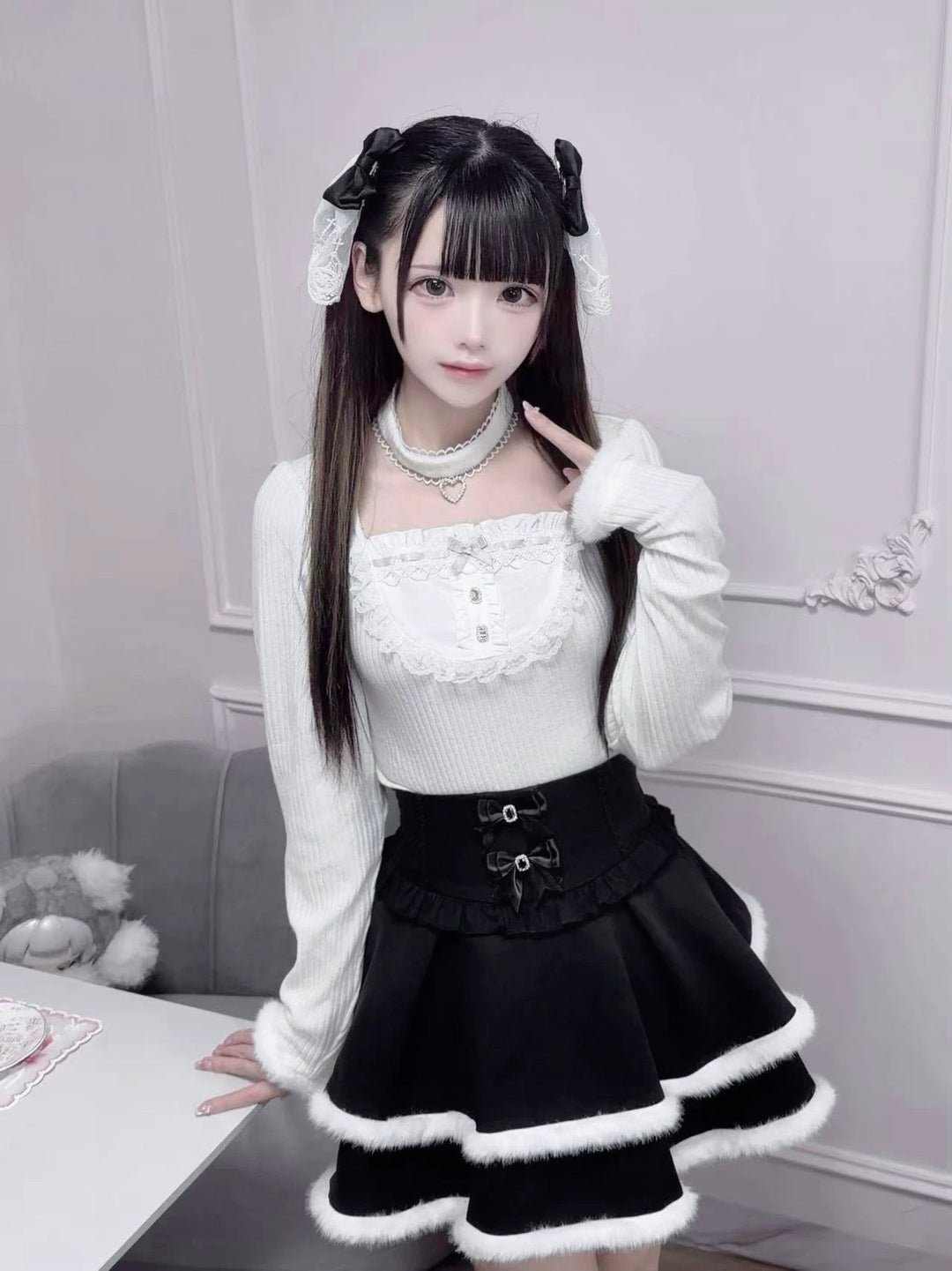 Jirai Kei Black/White Sweater Top with Choker 46104:875362