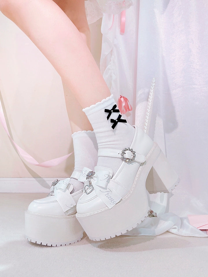 Jirai Kei Shoes Rhinestone Bow Platform Shoes With Shoe Clip 38042:594430