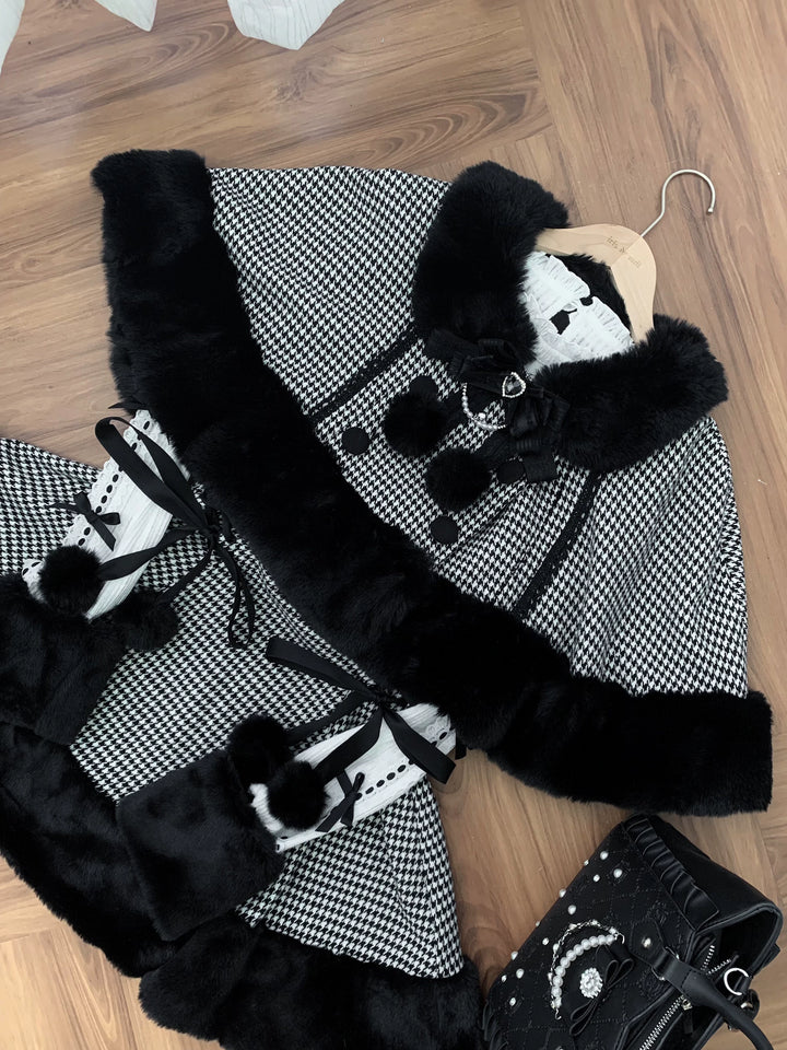 Houndstooth Jirai Kei Plush Cape, High-Waisted Skirt 44591:814679