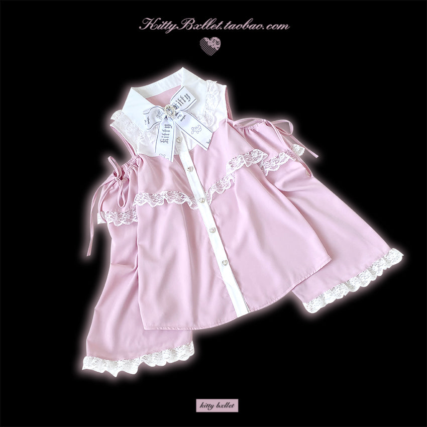 Open Shoulder Jirai Kei Blouse with Lace Trim & Princess Sleeves 42618:746830