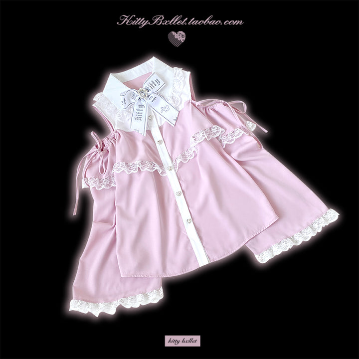 Open Shoulder Jirai Kei Blouse with Lace Trim & Princess Sleeves 42618:746830
