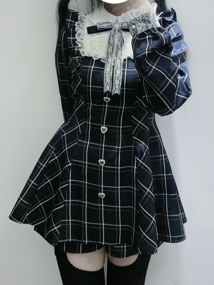 Jirai Kei Dress Set Long-sleeved Plaid Dress And Shorts 39444:620612