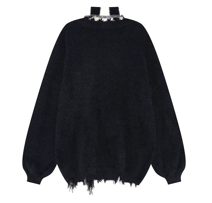 Jirai Kei Sweater Irregular Hem Cardigan With Striped Scarf 40922:680448