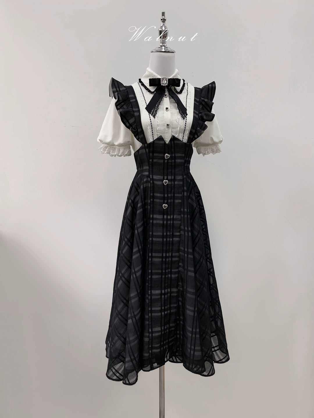 Black Plaid Jirai Kei Suspender Skirt, White Blouse 42918:757785