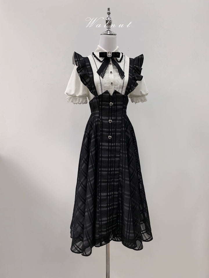 Black Plaid Jirai Kei Suspender Skirt, White Blouse 42918:757785