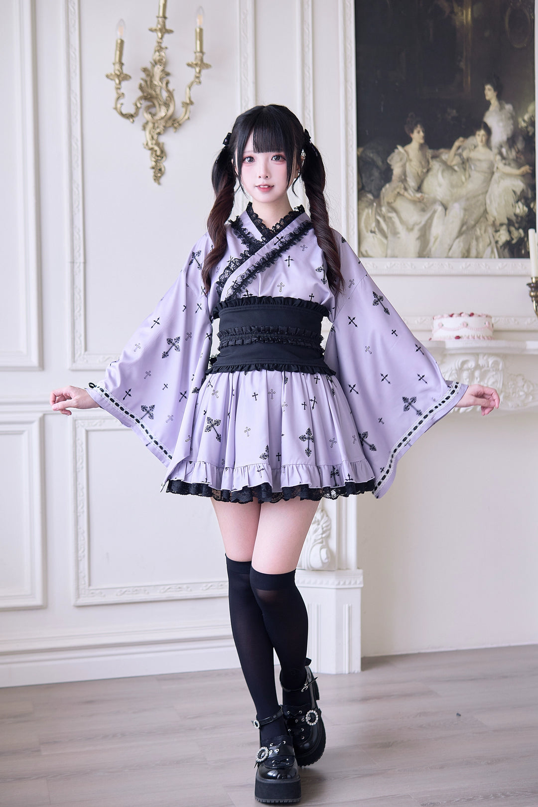 Wa-Style Jirai Kei Kimono Blouse + Ruffle SKirt + Wide Obi Belt 42799:765958