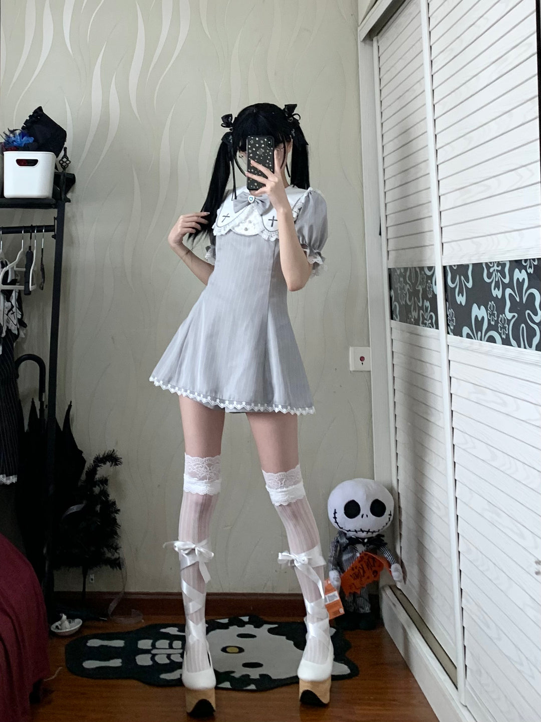 Striped Jirai Kei Dress Set Sailor Collar with Cross Details 42785:752977