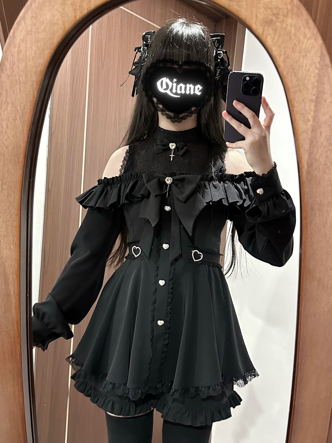 Jirai Kei Dress Set, Open-Shoulder Dress, Lace Patchwork (Black / 2XL 3XL 4XL L M S XL XS) 41552:703512