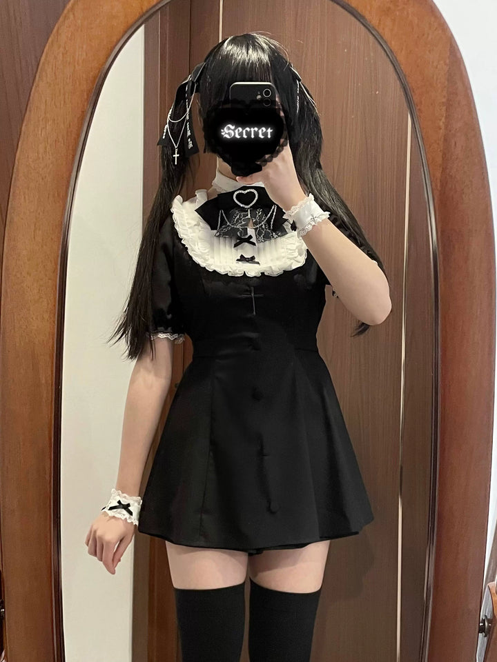 Jirai Kei Dress Set Short-sleeved Lace Knot Bow Dress Shorts 35108:483262