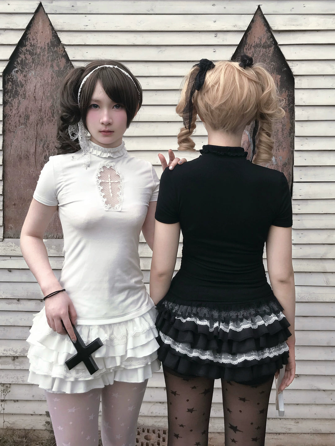 Gothic Cross-Detailed T-shirt & Tiered Ruffle Bloomers 43079:764539