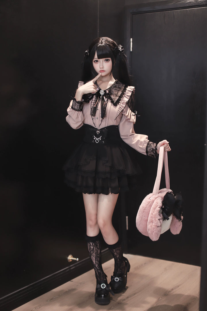 Jirai Kei Long Sleeve Blouse, Lace Overlay and Heart Buttons 44589:815168
