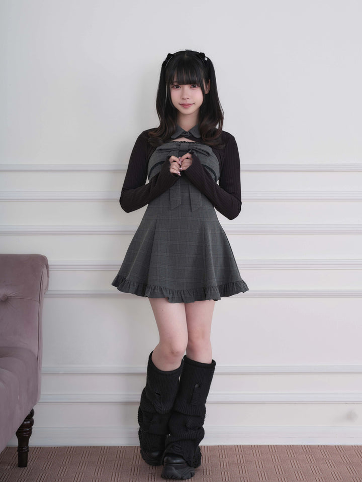 Ryousangata Dress & Knit Bolero Set, Plaid/Striped Pattern 46030:873173