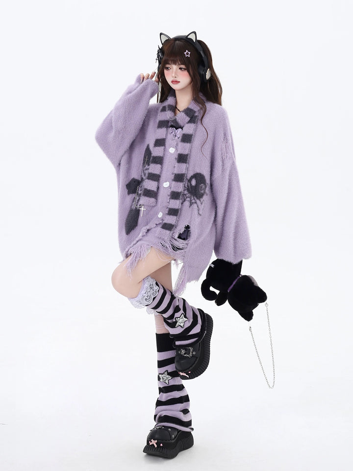 Jirai Kei Sweater Irregular Hem Cardigan With Striped Scarf 40922:680402