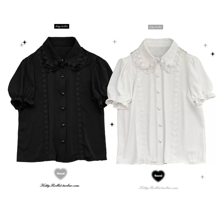 Jirai Kei Blouse Sweet Lace Collar Shirt Short Sleeve 35376:527500 35376:527500