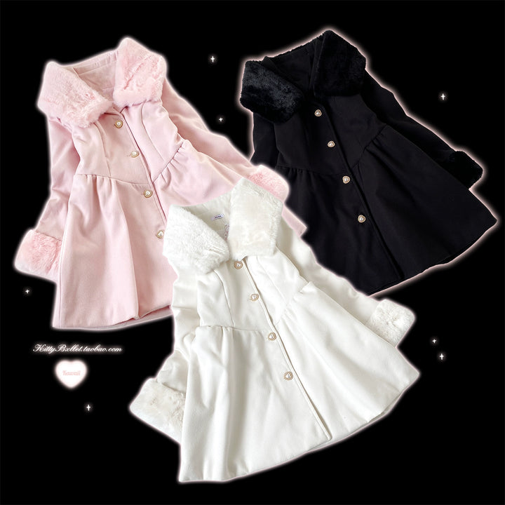 Jirai Kei Coat Detachable Fur Collar Dress Wool-like Jacket 40416:667634
