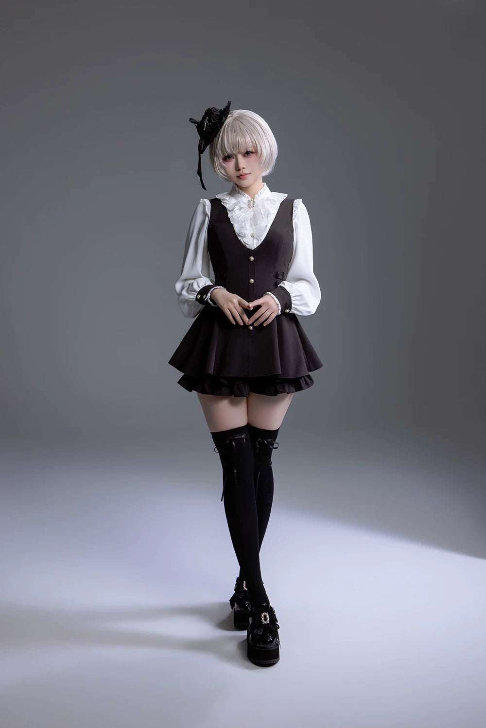 Black/White Jirai Kei Platform High Heel Shoes, Lace Bow 45952:872972