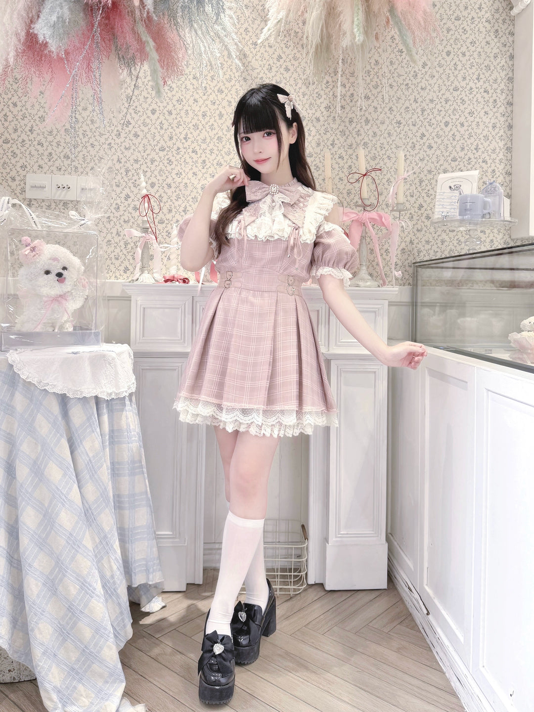 Pink Ryousangata Dress, Lace Trim & Square Rhinestone Bow 43193:770337