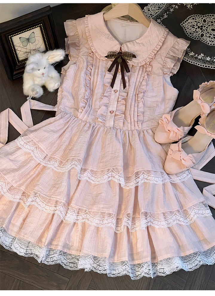 Sweet Style Lace Trim Dress, Tiered Ruffles 43546:779198
