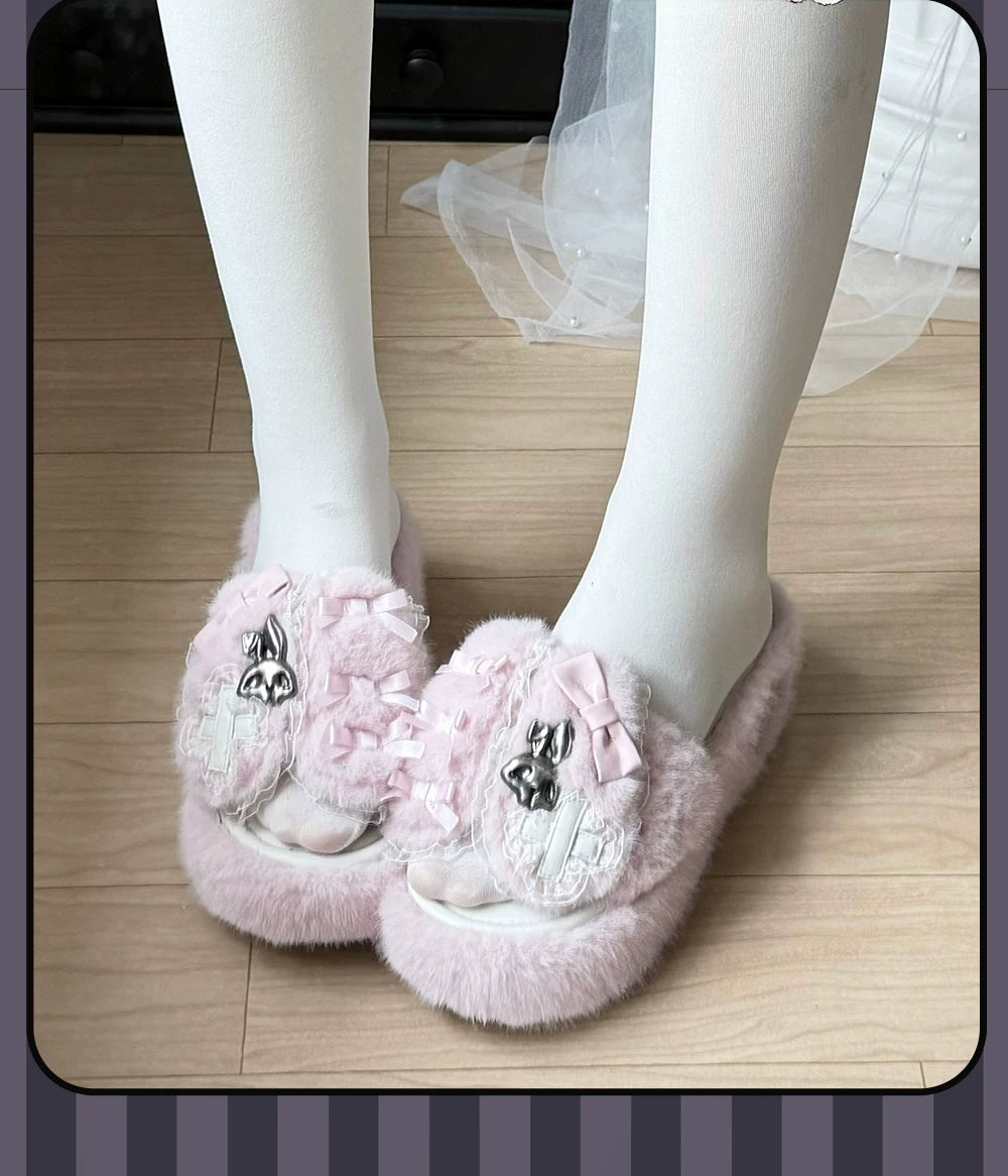 Jirai Kei Platform Wedge Slippers, Bunny Ears & Cross 46071:875423