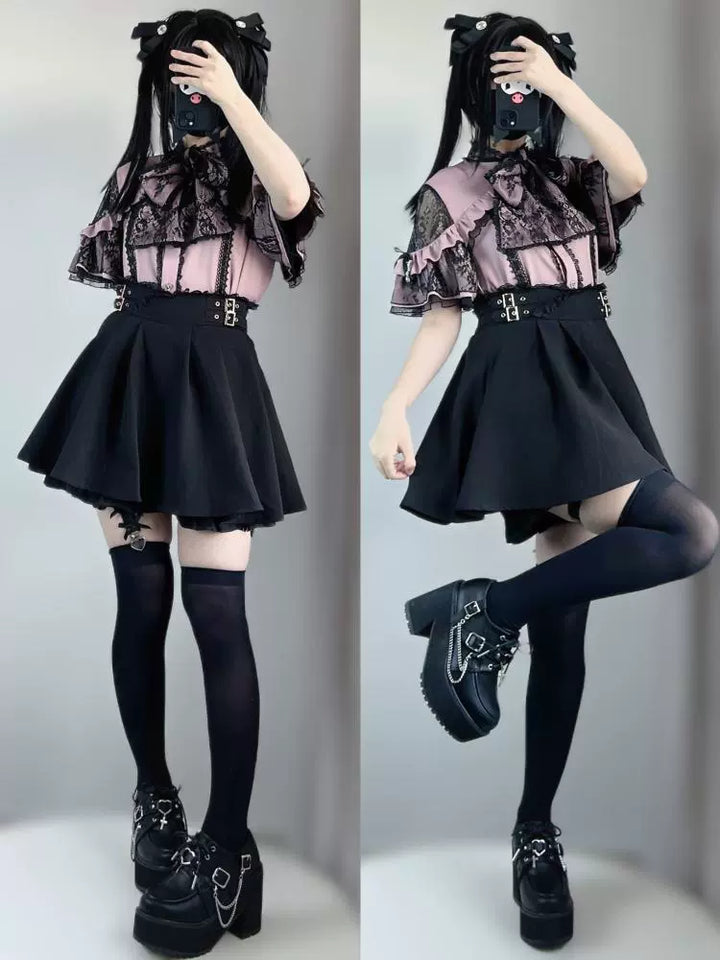 Jirai Kei Blouse Lace Open Shoulder Shirt Short Sleeve 37852:573330