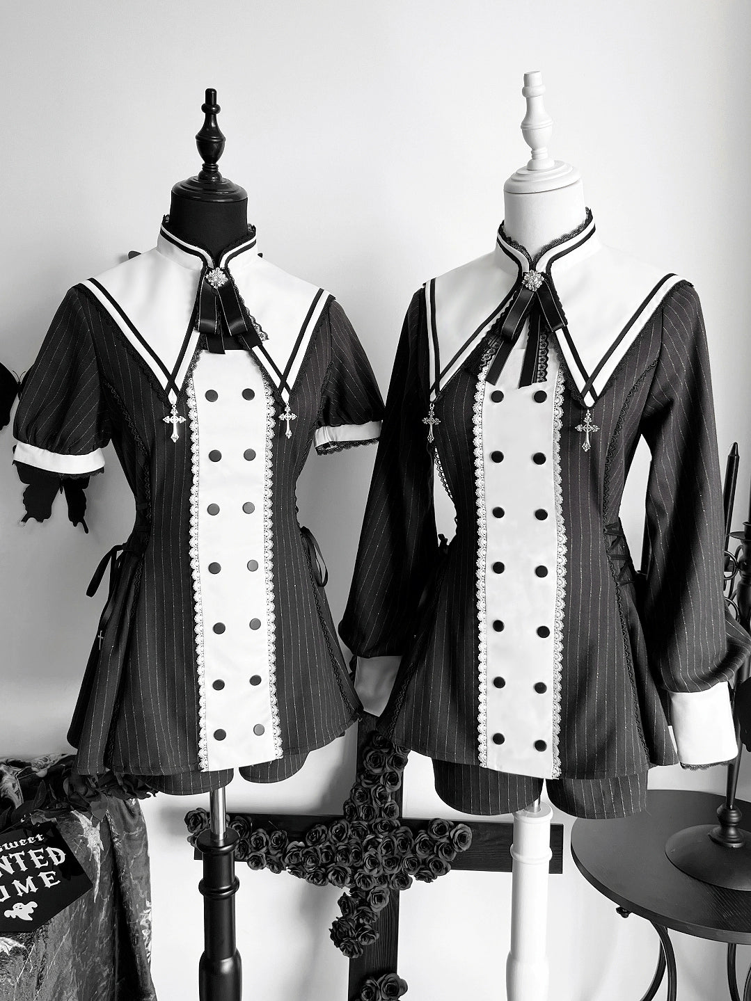 Striped Jirai Kei Set Up, Detachable Collar, Long/Short Sleeve Styles (L M S XL) 43401:775796
