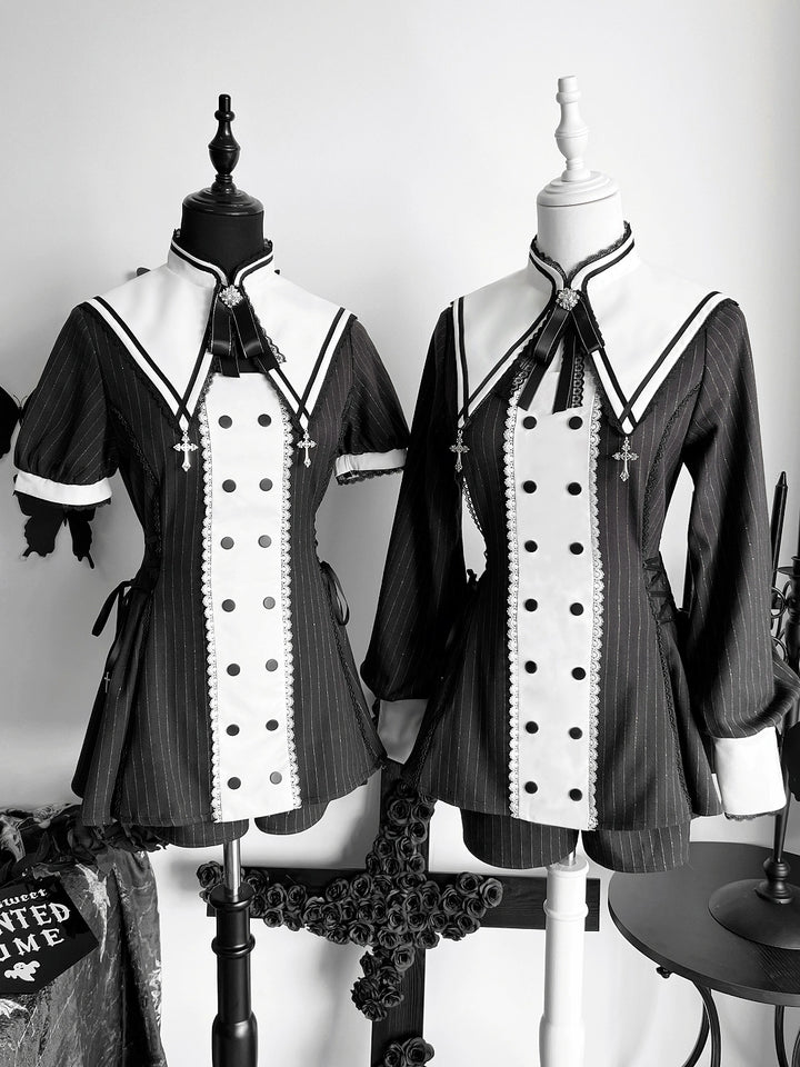 Striped Jirai Kei Set Up, Detachable Collar, Long/Short Sleeve Styles (L M S XL) 43401:775796