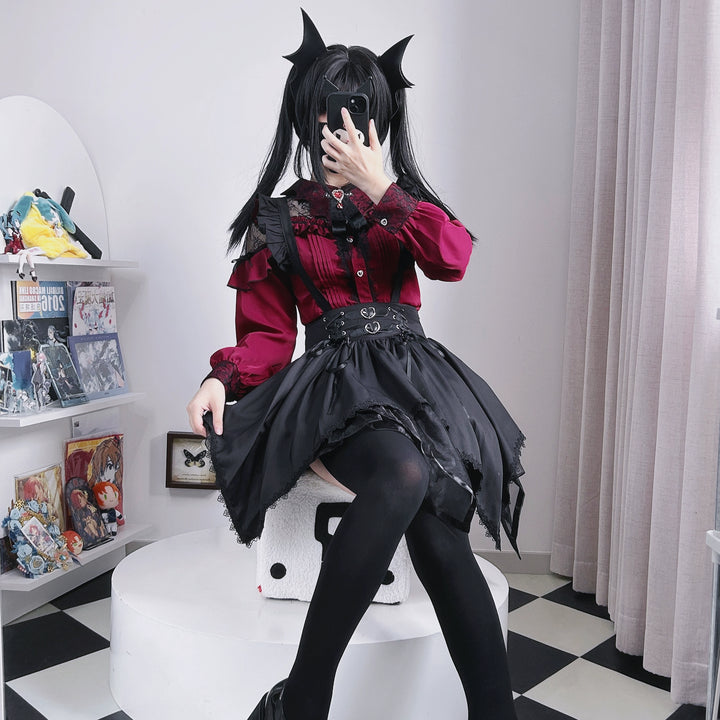 Jirai Kei Blouse Lace Bat Collar Burgundy And Black Shirt 39630:633420