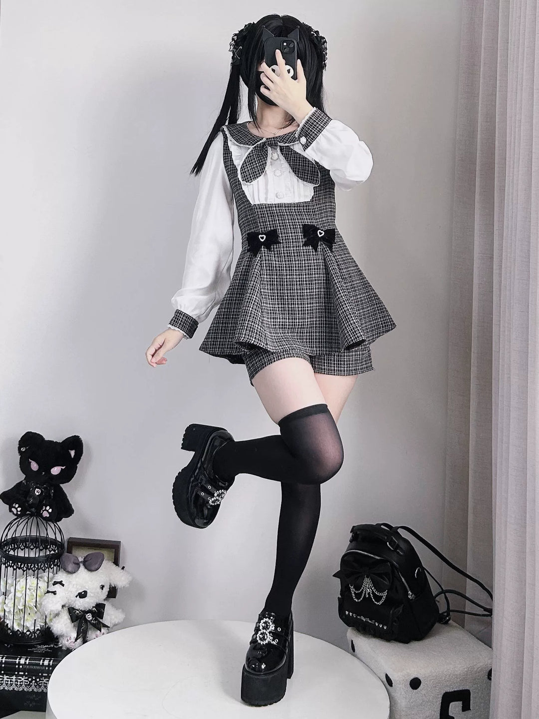 Jirai Kei Set Up Long Sleeve Bow Parisian Chic Dress Shorts 41030:684768