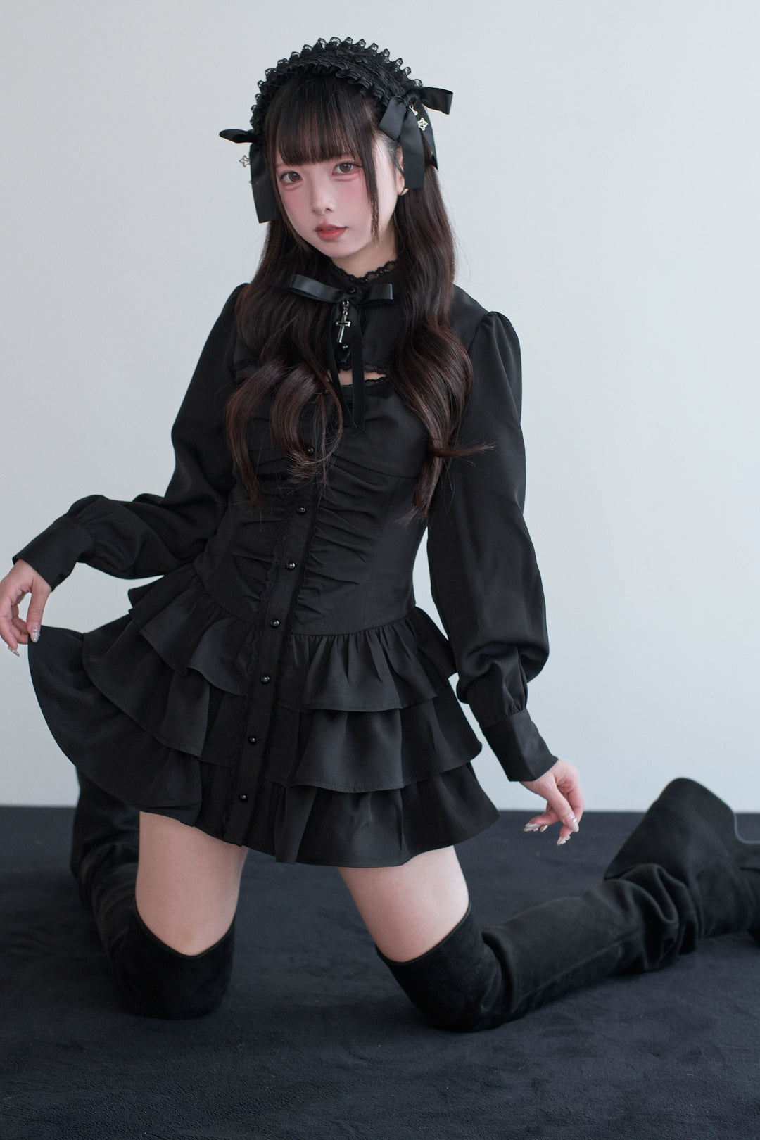 Black/Gray Jirai Kei Lace-Up Dress, Elastic Shorts 44329:806153