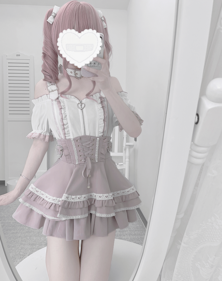 Jirai Kei Open Shoulder Shirt Outfit, Multiple Colors 43500:778034