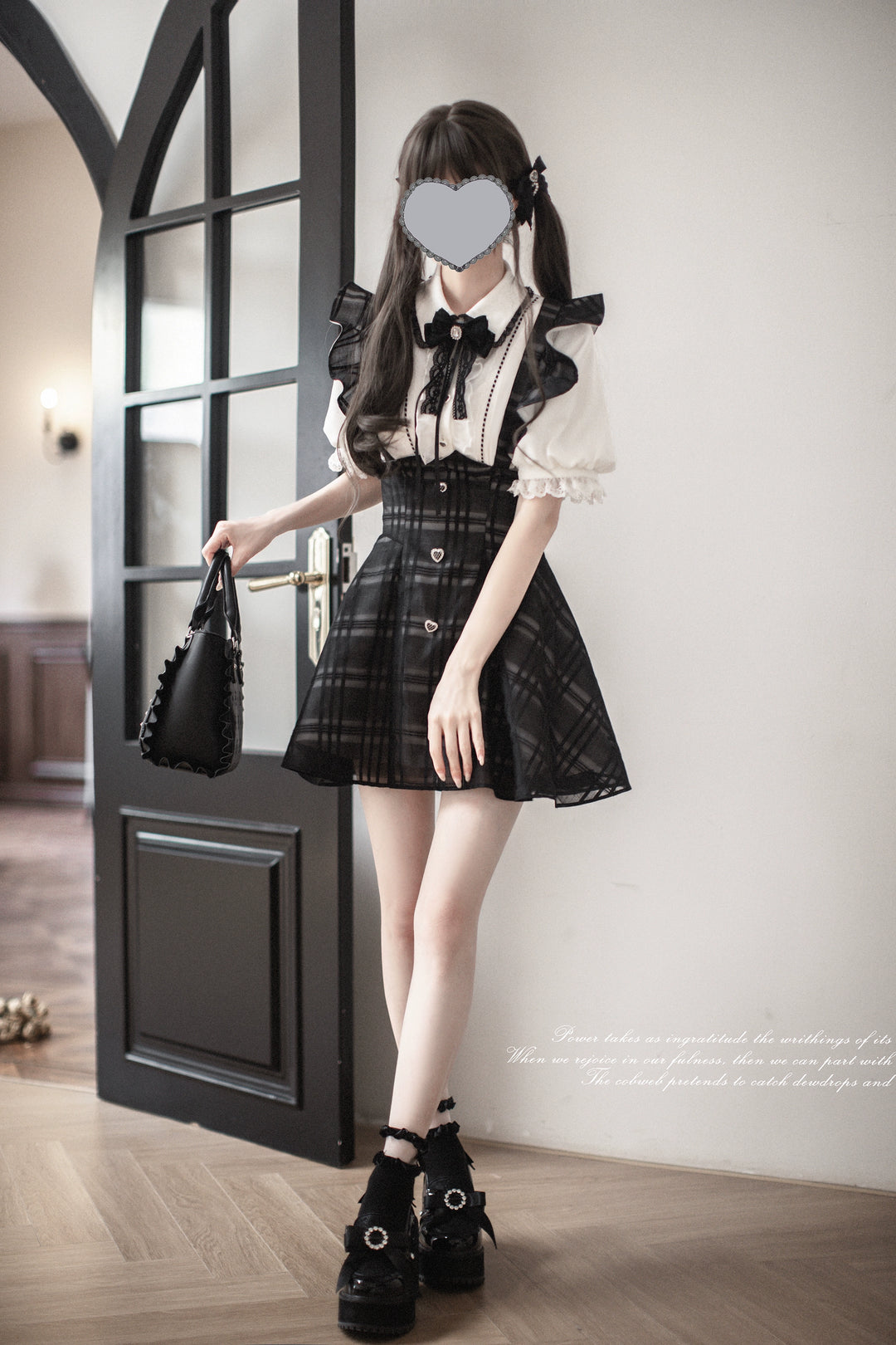 Black Plaid Jirai Kei Suspender Skirt, White Blouse 42918:760672