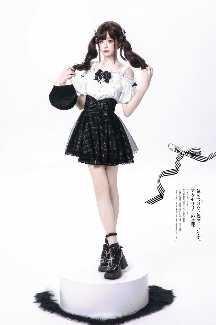 Jirai Kei Halter Neck Off-Shoulder Shirt and Lace Trim Skirt 42706:752700