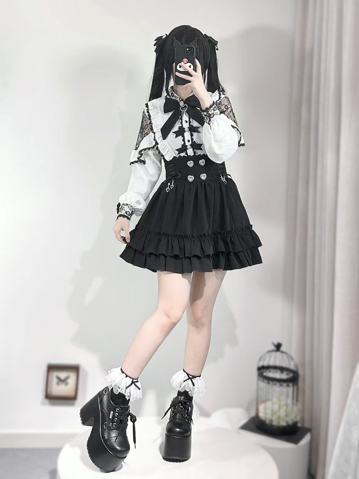 Jirai Kei White Blouse With Lace Open Shoulder And Long Sleeves 42710:750097