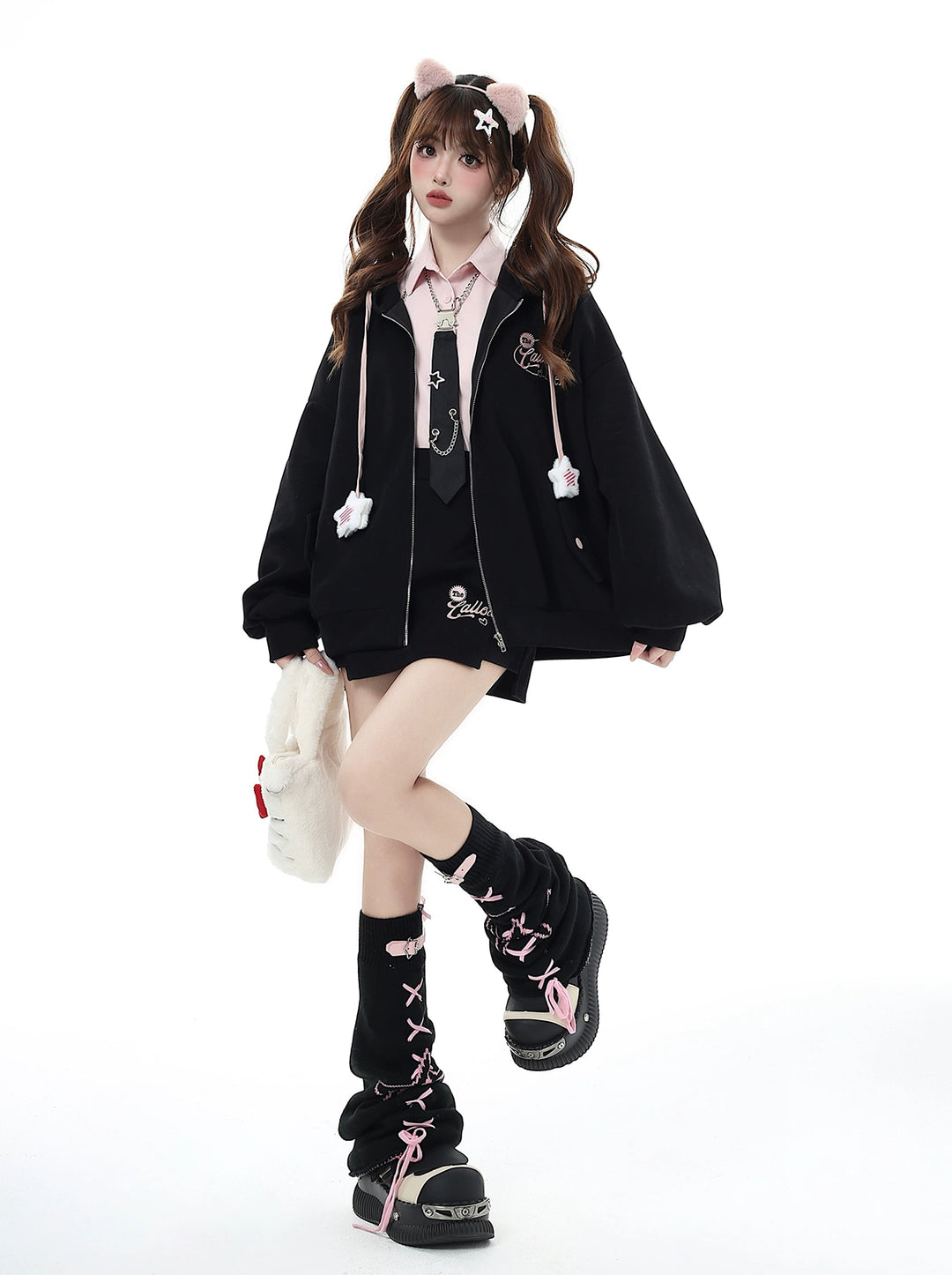 Kawaii Leg Warmmers Star Leather Buckle Socks Black White Pink 32458:423210 32458:423210