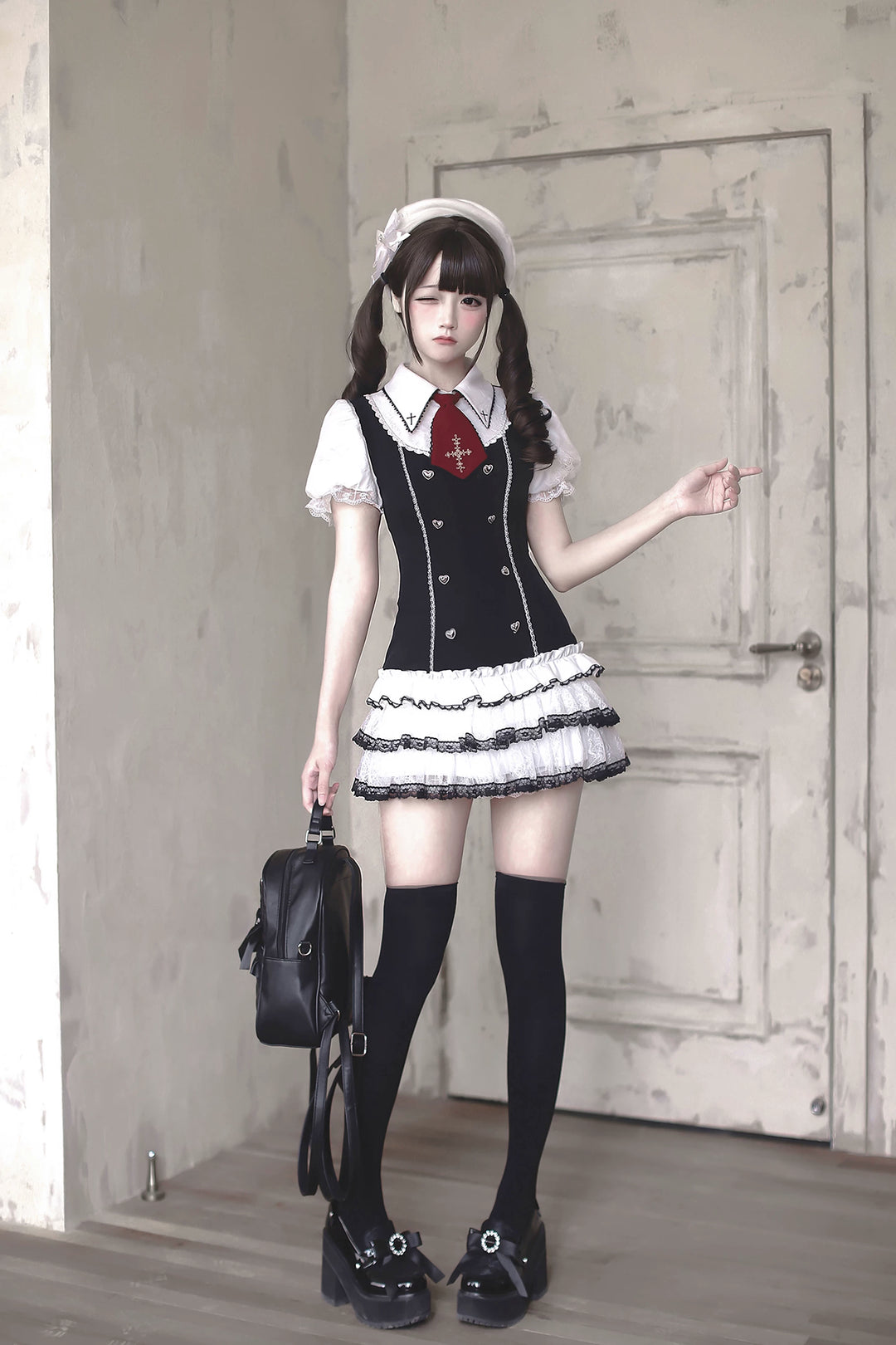 Preppy Style Low-Waist Dress Set, Cross Embroidery 44746:823809