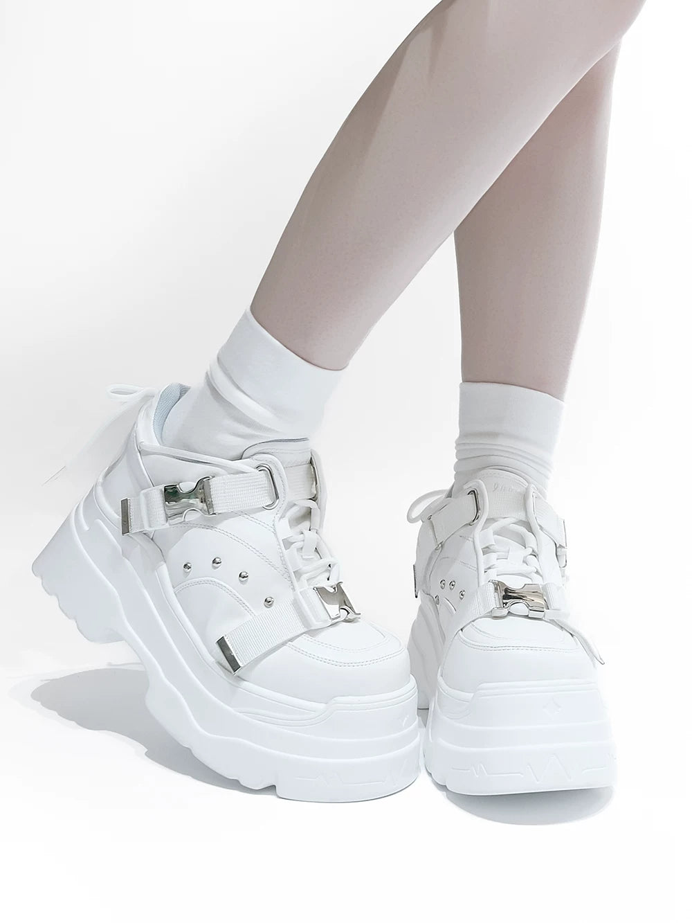White/Black Punk High Platform Shoes, Metal Buckles 44400:807739