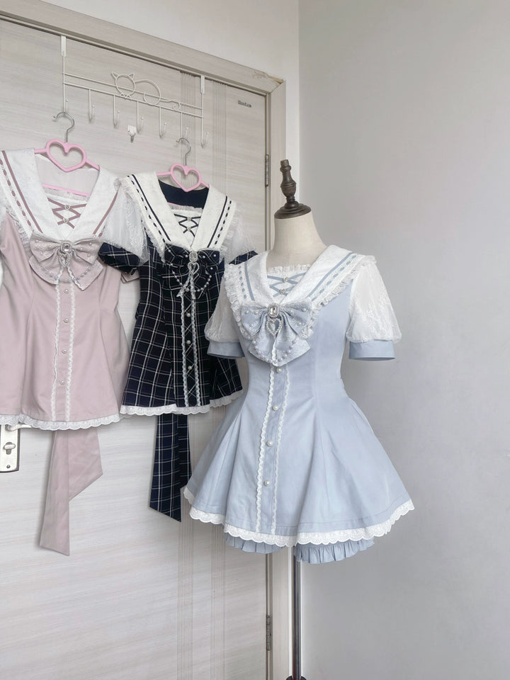 Jirai Kei Dress With Pearl Chain And Big Rhinestone Bow Tie 42813:764878