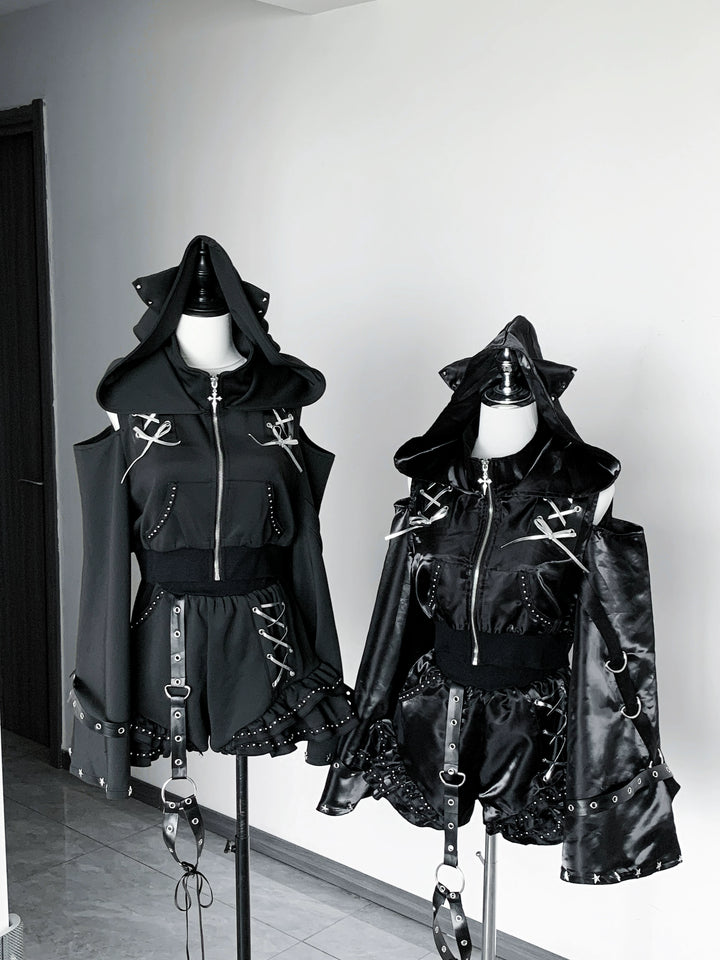 Gothic Hooded Crop Jacket & Shorts Set, Cat Ear 46064:874080