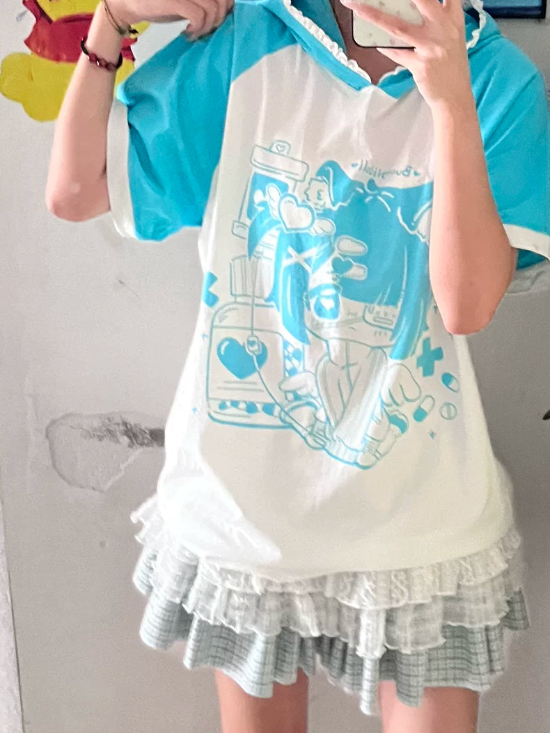 Subculture T-shirt Cat Ear Anime Hoodie Loose Otaku Shirt 38522:600564