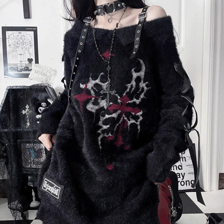 Subculture Open Shoulder Sweater, Butterfly Pattern 44335:804582