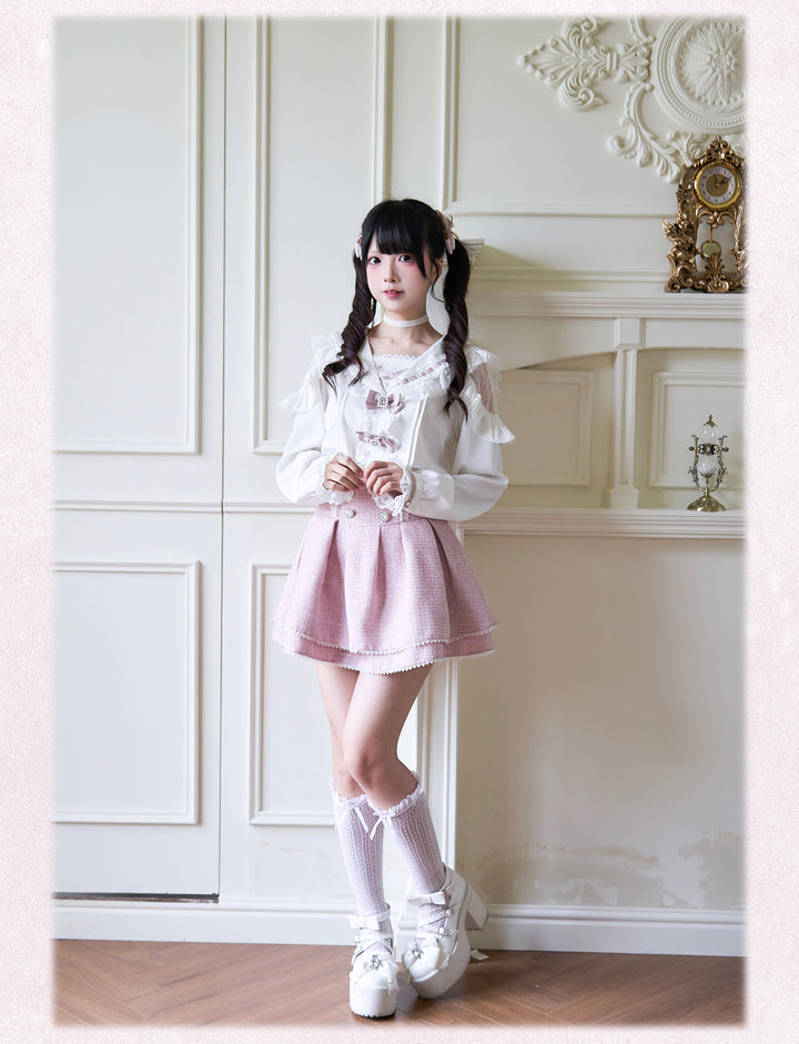 Sailor Collar Jirai Kei Blouse with Tulle Shoulder and Lace Frill 42523:744429