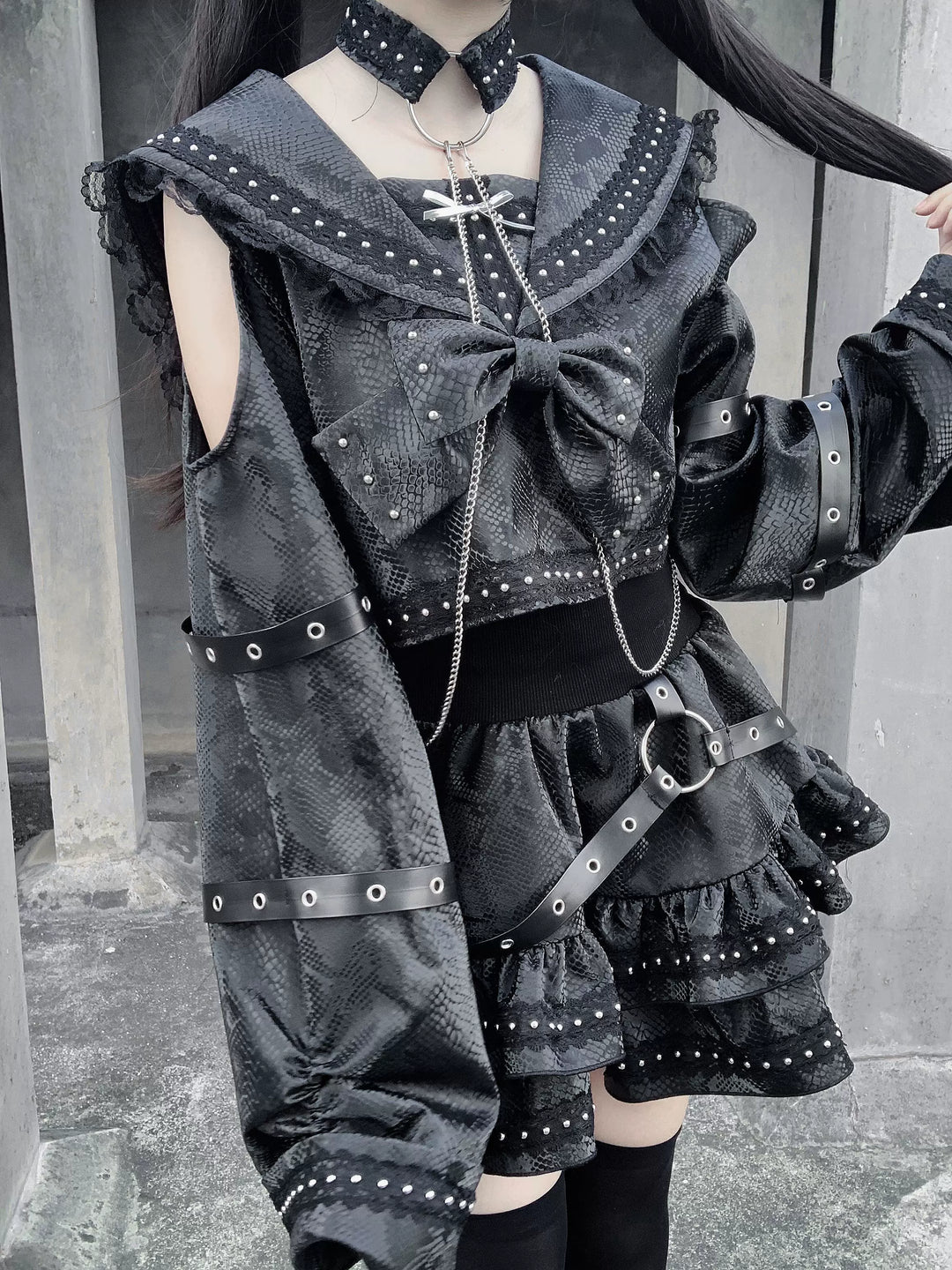 Subculture Black Top & Skirt Set, Snakeskin-Like Style 44771:827689