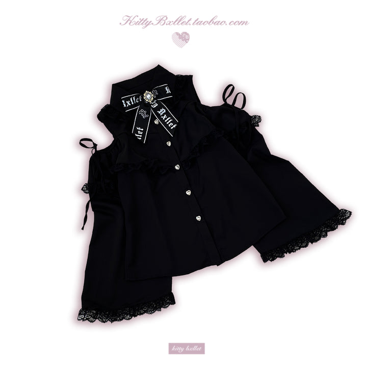 Open Shoulder Jirai Kei Blouse with Lace Trim & Princess Sleeves 42618:746847