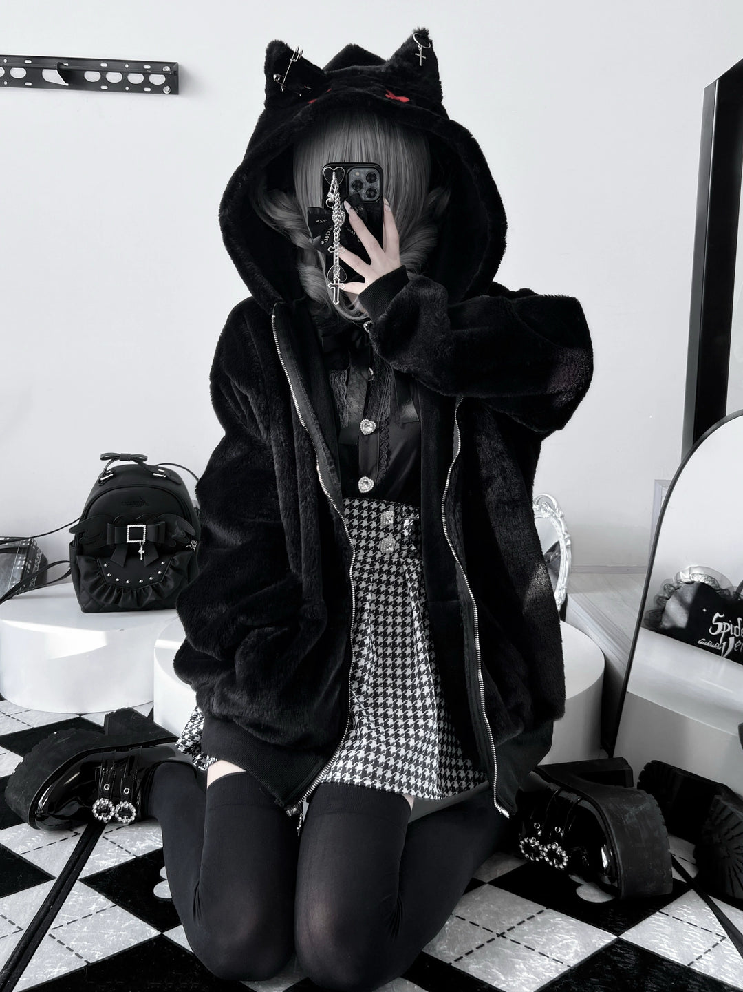 Subculture Winter Plush Coat, Cat Ear Hood (Black / Regular Thickened) 44193:801966